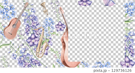 Rectangular frame with saxophone and musical instruments on the background of garden flowers. Isolated watercolor illustration in realistic style for design of invitations, labels, postcards. 129736126