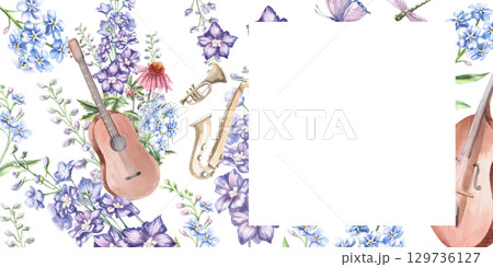 Rectangular frame with guitar and musical instruments on the background of garden flowers. Isolated watercolor illustration in realistic style for design of invitations, labels, postcards and posters. 129736127
