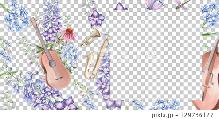 Rectangular frame with guitar and musical instruments on the background of garden flowers. Isolated watercolor illustration in realistic style for design of invitations, labels, postcards and posters. 129736127