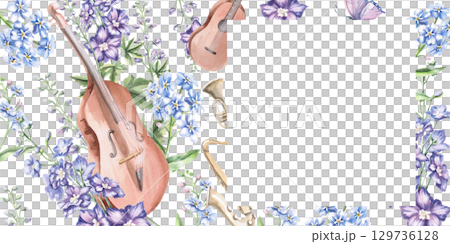 Rectangular frame with double bass and musical instruments on the background of flowers. Isolated watercolor illustration in a realistic style for decorating invitations, labels, postcards. 129736128