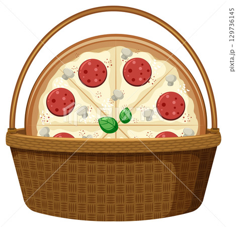 Pepperoni Pizza in Wicker Picnic Basket Illustration 129736145