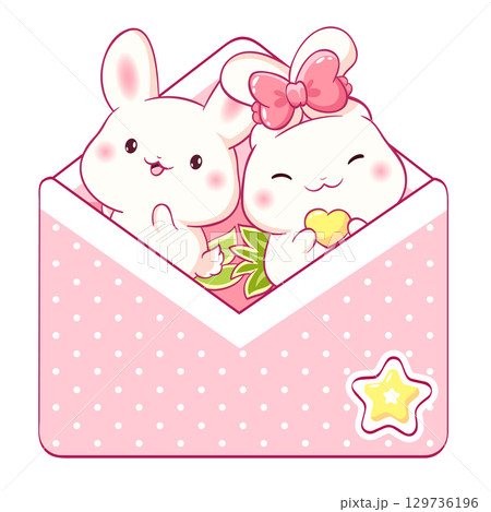 Square card in kawaii style with cute rabbit in envelope. Two little bunny in open letter. Can be used for t-shirt print, sticker, badge, greeting card. Vector illustration EPS8 129736196