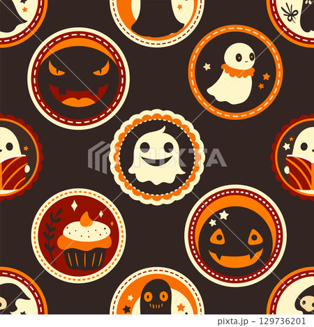 Vector seamless background with cute Halloween design. Tiling Halloween backdrop with ghost, pumpkin, grim reaper. Endless texture can be used for pattern fills, web page background, fabric design 129736201