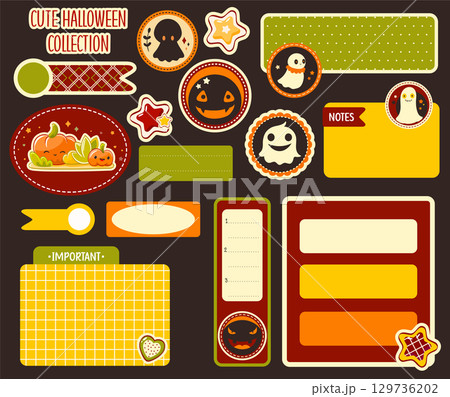 Vector set of cute eye-catching Halloween sticker, tag, label. Halloween collection of badge with little ghost, pumpkin, grim reaper. Delightful, visually appealing cozy decor element for scrapbooking Vector set of cute eye-catching Halloween sticker, tag, label. Halloween collection of badge with little ghost, pumpkin, grim reaper. Delightful, visually appealing cozy decor element for scrapbooking 129736202