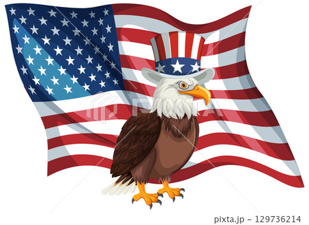 Patriotic Bald Eagle with American Flag Illustration 129736214