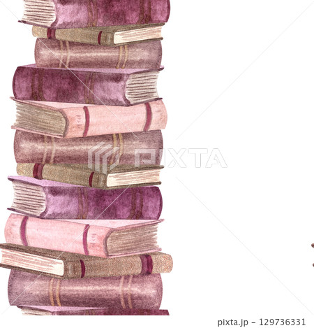 Stack of pink, gold hardcover old books watercolor seamless border isolated on white. Hand painted thick books perfect for stationary, bookstore, reading theme, book club labels, logo decor. Vertical 129736331