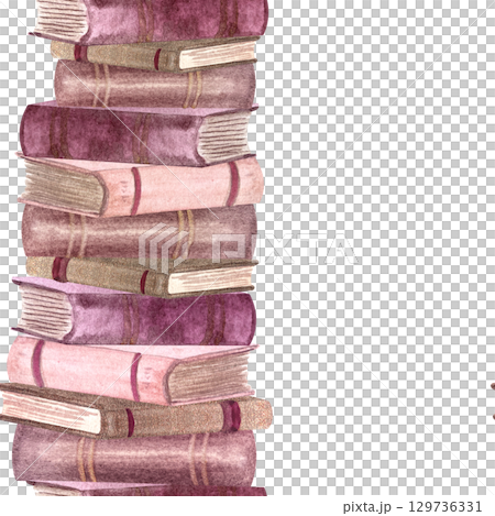 Stack of pink, gold hardcover old books watercolor seamless border isolated on white. Hand painted thick books perfect for stationary, bookstore, reading theme, book club labels, logo decor. Vertical 129736331
