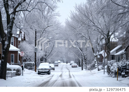 winter in the city, snowstorm, blizzard, Generative AI 129736475