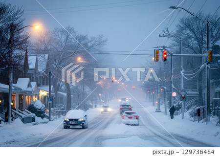 winter in the city, snowstorm, blizzard, Generative AI 129736484