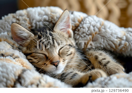 Happy time cute cat sleeping on the bed . Generative Ai 129736490