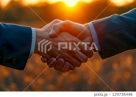 Successful Business Partnership Two Professionals Shake Hands in a Corporate Environment Generative AI 129736496