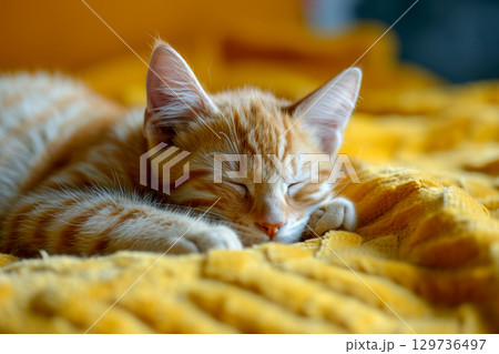 Happy time cute cat sleeping on the bed . Generative Ai 129736497