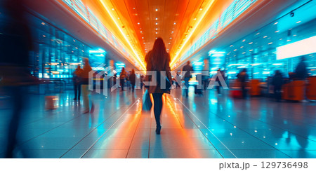 People passing at the airport. Motion Blur. Generative AI 129736498