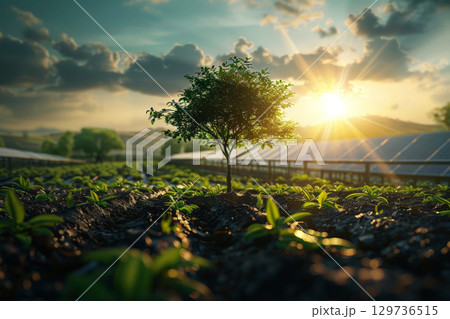 A small tree is growing in a field of solar cells .renewable energy and sustainable .AI generative 129736515