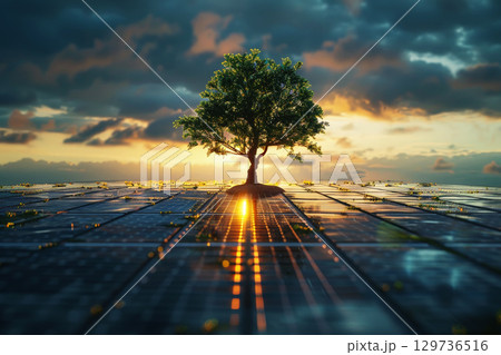 A small tree is growing in a field of solar cells .renewable energy and sustainable .AI generative 129736516