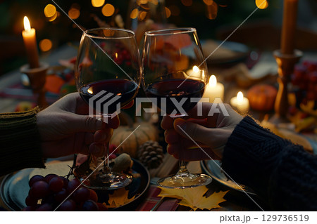 Two people are holding wine glasses and toasting to each other.ai generative 129736519