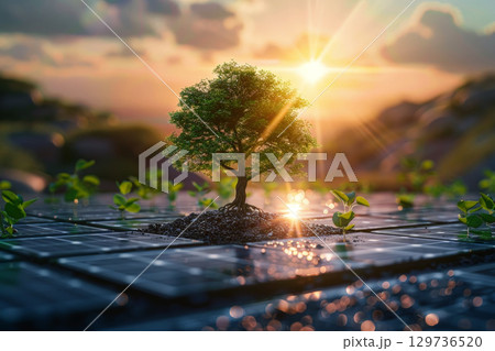 A small tree is growing in a field of solar cells .renewable energy and sustainable .AI generative 129736520