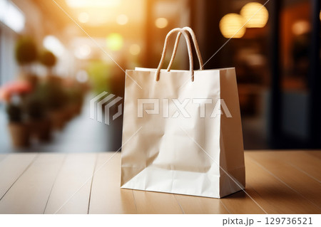 A shopping bag is sitting on the floor in a busy shopping mall.ai generative 129736521