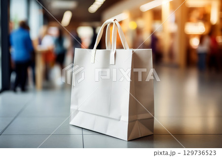 A white shopping bag is sitting on the floor in a busy shopping mall.ai generative 129736523