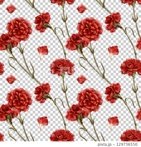Seamless pattern of red carnation flower,stems,leaves,petals as a symbol of mothers day,love,passion,valentine's day confessions.Watercolor hand-drawn illustration on white in vintage style 129736550