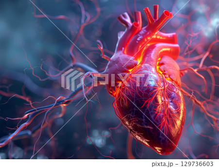 A heart with red veins and a black center. medical heart cardiology research with a heart affected .ai generative 129736603