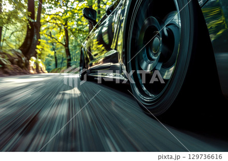 close up tire car is speeding down a road with trees in the background. ai generative close up tire car is speeding down a road with trees in the background. ai generative 129736616