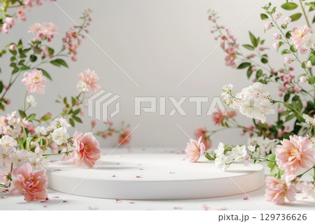 A white pedestal with a background and flowers on it. podium for mockup. ai generative 129736626