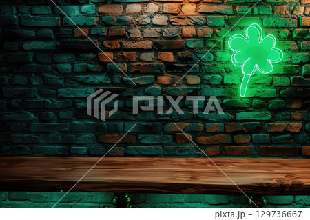 St. Patrick's Day concept. wooden table in front of shamrock leaf background . Generative Ai. 129736667