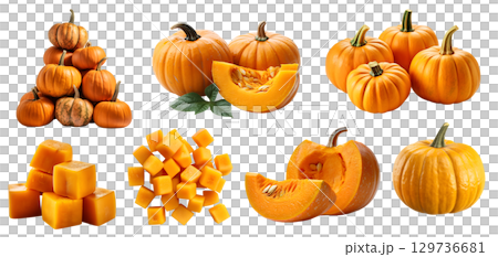 Pumpkin fruit vegetable, many angles and view side top front cluster group slice cut isolated on transparent background cutout, PNG file. Mockup template for artwork graphic design 129736681