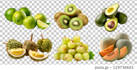 Collection of green fruits in pile group, cantaloupe, melon, durian, gooseberry, kiwi, avocado, lime on transparent background cutout, PNG file. Mockup template for artwork design 129736683