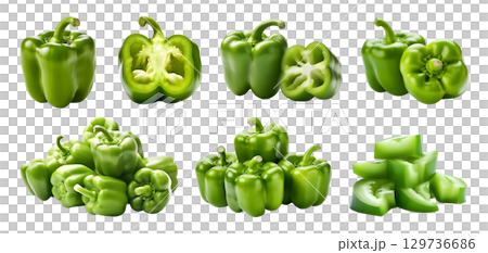 Green Capsicum bell pepper fruit vegetable, many angles and view side top front cluster group slice cut isolated on transparent background cutout, PNG file. Mockup template for artwork graphic design 129736686