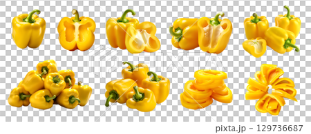 Yellow Capsicum bell pepper fruit vegetable, many angles and view side top front cluster group slice cut isolated on transparent background cutout, PNG file. Mockup template for artwork graphic design 129736687