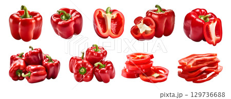 Red Capsicum bell pepper fruit vegetable, many angles and view side top front cluster group slice cut isolated on transparent background cutout, PNG file. Mockup template for artwork graphic design 129736688