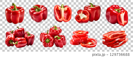 Red Capsicum bell pepper fruit vegetable, many angles and view side top front cluster group slice cut isolated on transparent background cutout, PNG file. Mockup template for artwork graphic design 129736688
