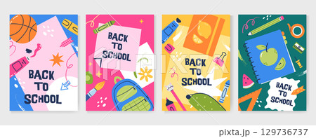 Playful Back to School poster collection with school supplies, brushstroke and shape. Hand drawn vector illustration for ads, educational flyers and print. 129736737