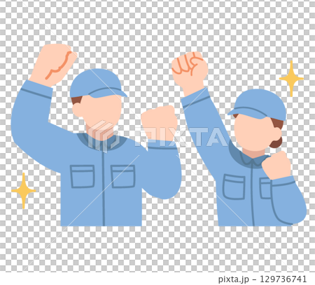 Upper body of a man and woman in work clothes making a fist pump 129736741