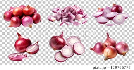Red purple onion onions vegetable, many angles and view side top front cluster group slice cut isolated on transparent background cutout, PNG file. Mockup template for artwork graphic design 129736772