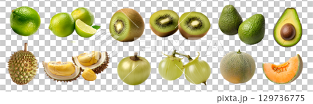 Collection of green fruits, cantaloupe, melon, durian, gooseberry, kiwi, avocado, lime on transparent background cutout, PNG file. Mockup template for artwork design 129736775