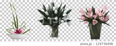 decorative flower in a pot isolate on a transparent background, 3D illustration, cg render 129736896