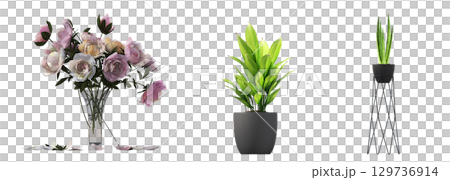 decorative flower in a pot isolate on a transparent background, 3D illustration, cg render 129736914