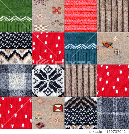Warm Christmas background with plaid fleece, wool sweater texture with geometric ornament. Holiday backdrop with cozy natural knitted wool material with decorative ornament Warm Christmas background with plaid fleece, wool sweater texture with geometric ornament. Holiday backdrop with cozy natural knitted wool material with decorative ornament 129737042