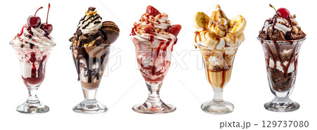 Collection of Sundae sundaes ice cream frozen dessert in tulip glass cup on transparent background cutout, PNG file. Many assorted different flavour Mockup template for artwork design 129737080