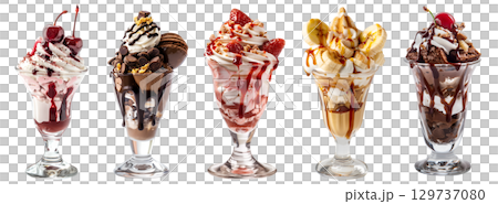 Collection of Sundae sundaes ice cream frozen dessert in tulip glass cup on transparent background cutout, PNG file. Many assorted different flavour Mockup template for artwork design 129737080