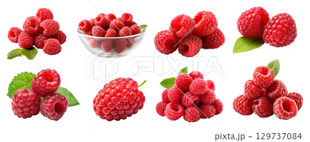 Raspberry raspberries, many angles and view side top front group pile heap isolated on transparent background cutout, PNG file. Mockup template for artwork graphic design 129737084
