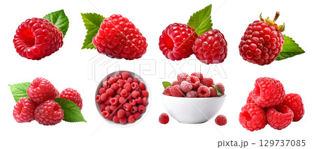 Raspberry raspberries, many angles and view side top front group pile heap isolated on transparent background cutout, PNG file. Mockup template for artwork graphic design 129737085