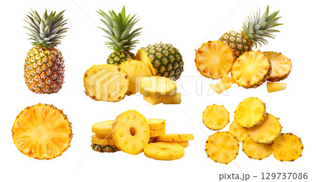 Pineapple pineapples fruit, many angles and view side top front sliced halved group pile cut isolated on transparent background cutout, PNG file. Mockup template for artwork graphic design 129737086