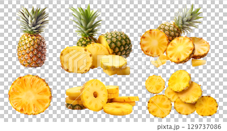 Pineapple pineapples fruit, many angles and view side top front sliced halved group pile cut isolated on transparent background cutout, PNG file. Mockup template for artwork graphic design 129737086