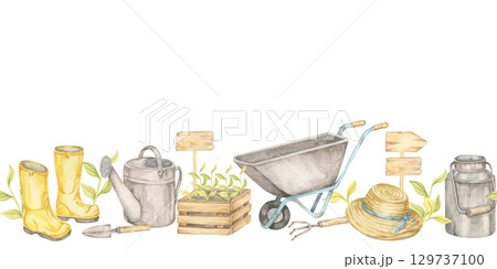 Bright yellow boots, gray cans, straw hats, crates, and wheelbarrows painted in seamless border watercolor illustration. Use for washi tape, sticker sets, blog headers, or labels 129737100