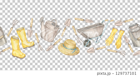 Wheelbarrows, straw hats, boots, gloves, trowels, and cans create a horizontal seamless border watercolor illustration. Perfect for gardening product labels, cards, and blog graphics 129737101
