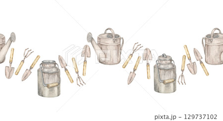 Gray watering cans, small tools, and garden forks arranged in seamless border watercolor illustration. Ideal for borders on packaging, planner spreads, labels, and gardening invites 129737102